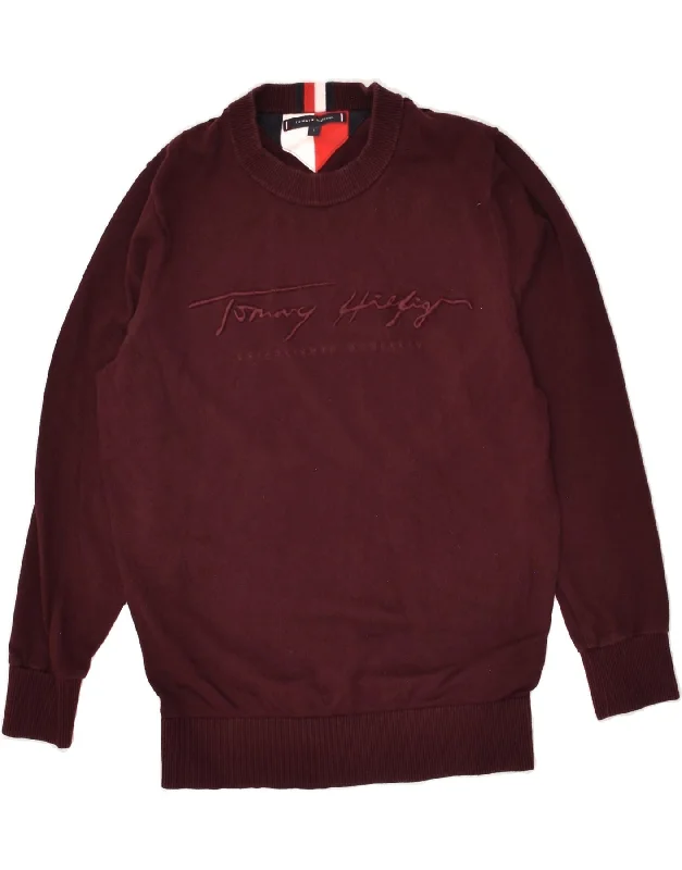 TOMMY HILFIGER Womens Graphic Sweatshirt Jumper UK 10 Small Burgundy Hoodie with Reflective Safety Nightwear