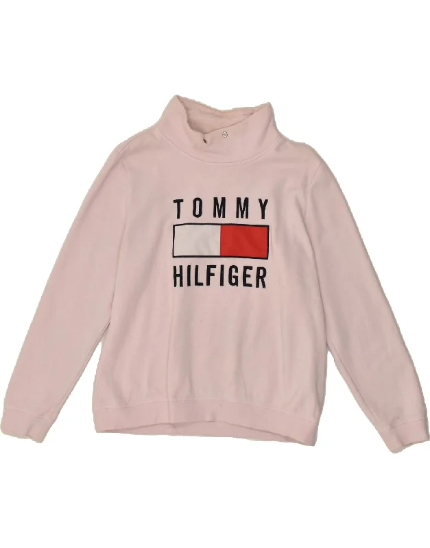 TOMMY HILFIGER Womens Graphic Sweatshirt Jumper UK 16 Large Pink Cotton Hoodie with Full-Zip Functional Layering