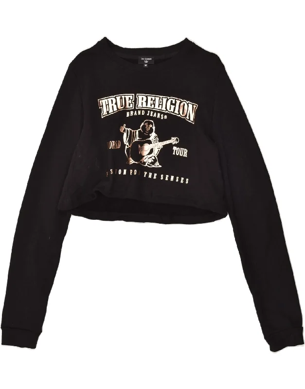 TRUE RELIGION Womens Graphic Crop Sweatshirt Jumper UK 14 Medium Black Hoodie with Print Artistic Unique