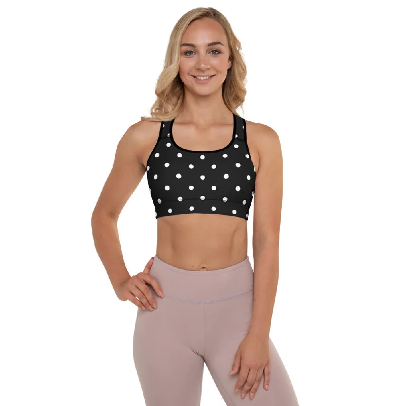 White Dots Padded Sports Bra, Black White Polka Dots Pattern Classic Fitness Gym Bra-Made in USA/EU Active Wear Bra