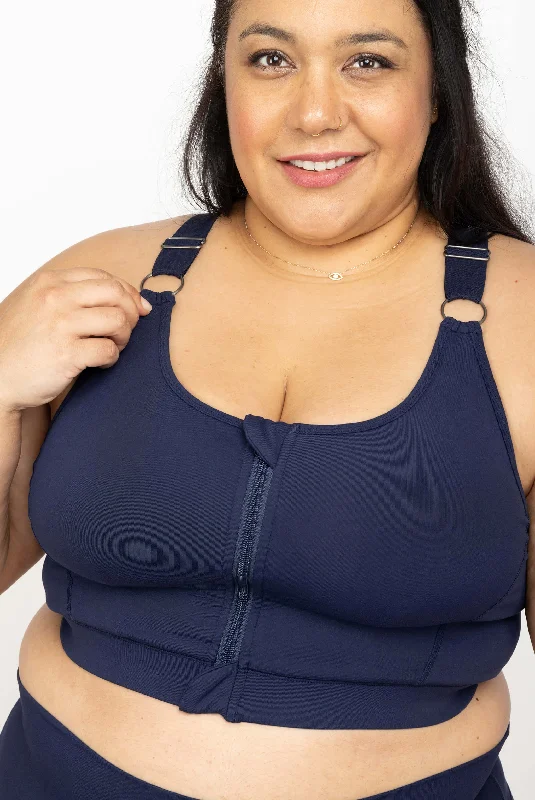 Zip Front Sports Bra - Navy Soft Lace Bra