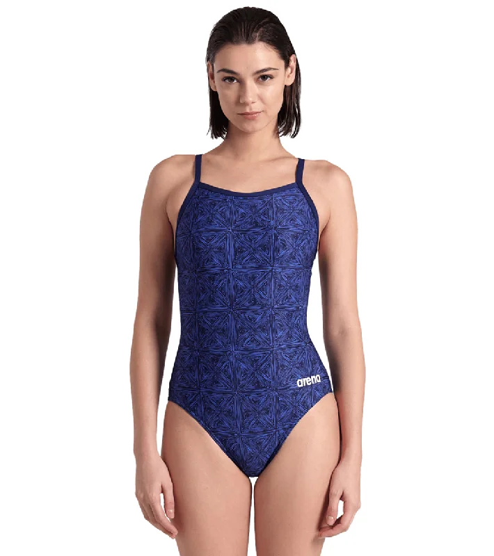 Arena Women's Abstract Tiles Lightdrop Back One Piece Swimsuit Navy/Team Royal Stylish Cover-Up Set