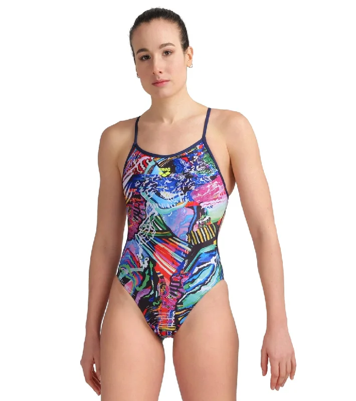 Arena Women's Allover Lace Back One Piece Swimsuit Navy/Multi Sleek Full Coverage