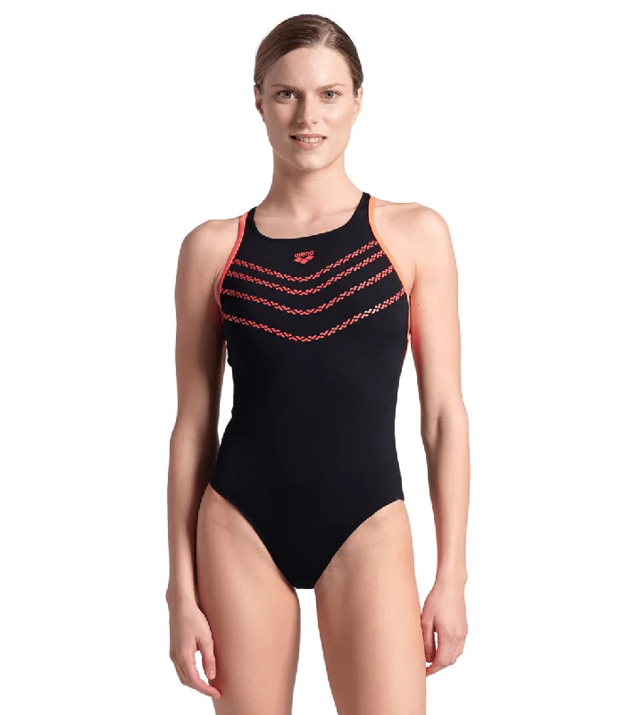 Arena Women's Losange V Pro Back One Piece Swimsuit Black/Bright Coral Classic Sporty Swimsuit