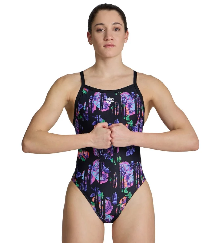 Arena Women's Rose Texture Xcross Back One Piece Swimsuit Multi Black/Black Full Coverage Swimsuit