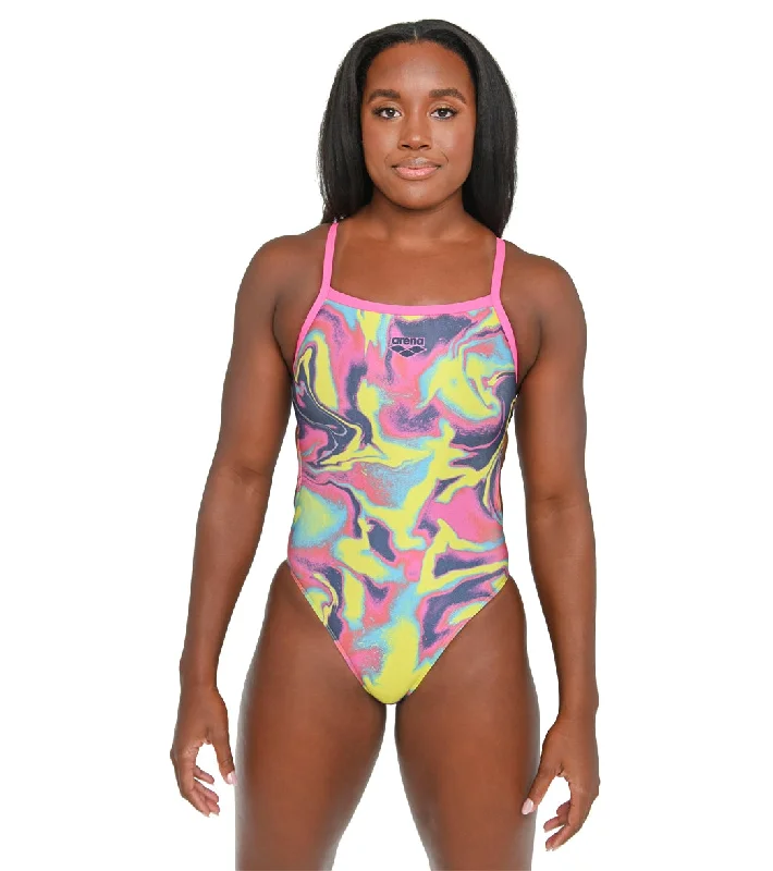 Arena Women's Simone Manuel Marbalized Challenge Back One Piece Swimsuit Marbalized Summer Ready Swimsuit