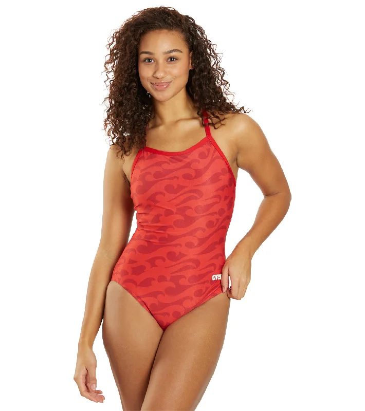 Arena Women's Surf's Up II Lightdrop Back One Piece Swimsuit Red/Team Red Tie-Back Swimwear