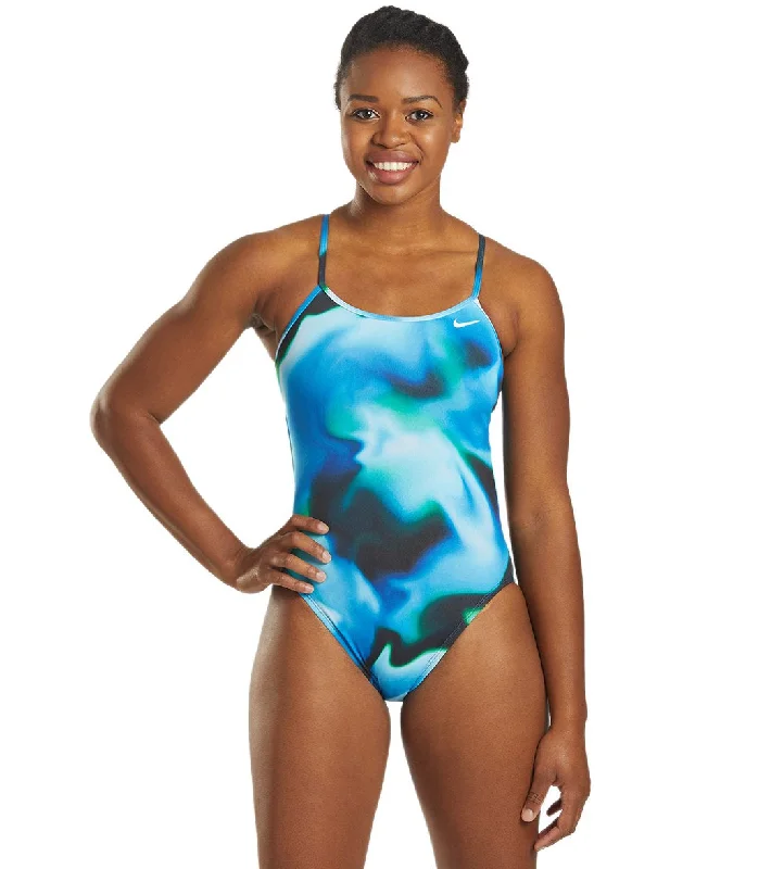 Nike Women's Amp Axis Modern Cut-Out One Piece Swimsuit Blue Green Playful Pattern Swimsuit