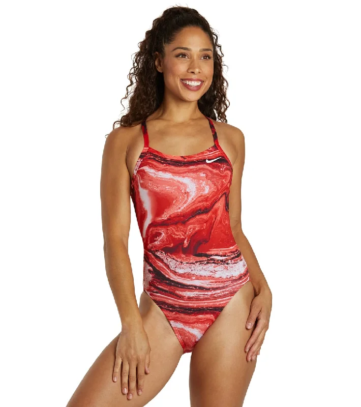 Nike Women's HydraStrong Crystal Wave Racerback One Piece Swimsuit University Red Trendy Swimwear Set