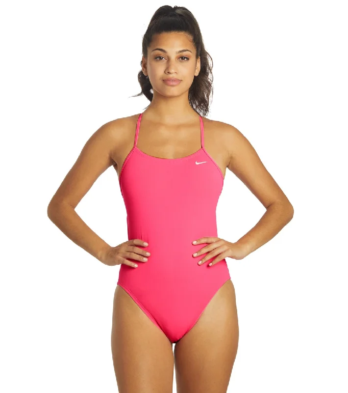 Nike Women's HydraStrong Solid Cut Out Tank One Piece Swimsuit Hyper Pink Swim Dress with Belt