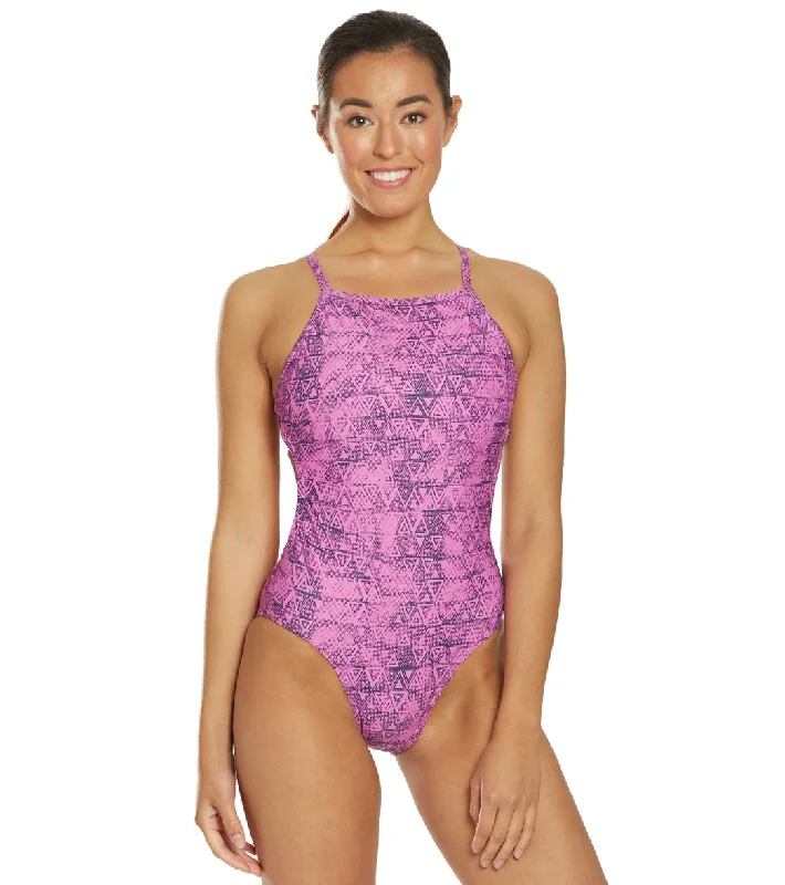 Speedo Turnz Women's Flash Back One Piece Swimsuit Blush Pink (Geo Tribe) Stylish Swimsuit Set