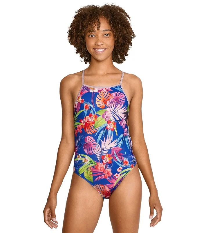 Speedo Vibe Women's The One Printed One Piece Swimsuit Tropical Trance V-Neck Swim Dress