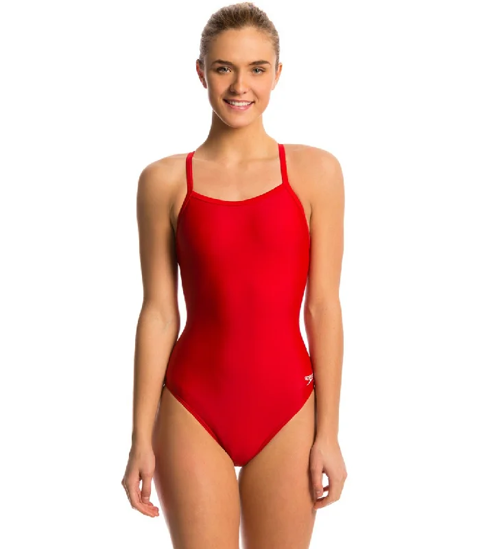 Speedo Women's PowerFLEX Eco Solid Flyback One Piece Swimsuit True Red Halter Top Bikini