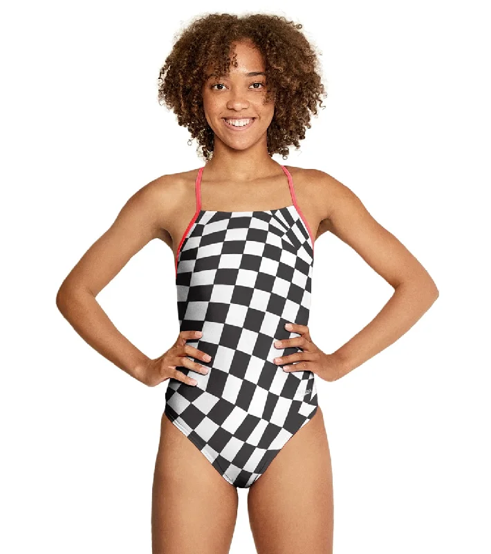 Speedo Women's Printed Tie Back One Piece Swimsuit Distorted Checker Vintage Swimwear Look