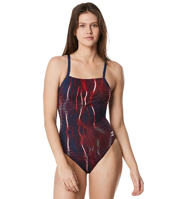 Speedo Women's Solar Boom Flyback One Piece Swimsuit Red/White/Blue Sporty Racerback Swimsuit