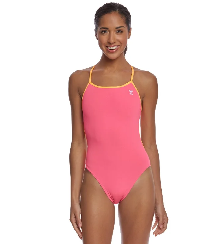 TYR Women's Solid Trinityfit One Piece Swimsuit Fluorescent Pink/Orange Ruched Swimwear Set