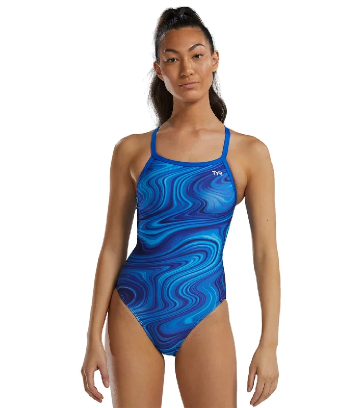 TYR Women's Vitality Durafast Elite Diamondfit One Piece Swimsuit Blue Adjustable Bikini Bottoms