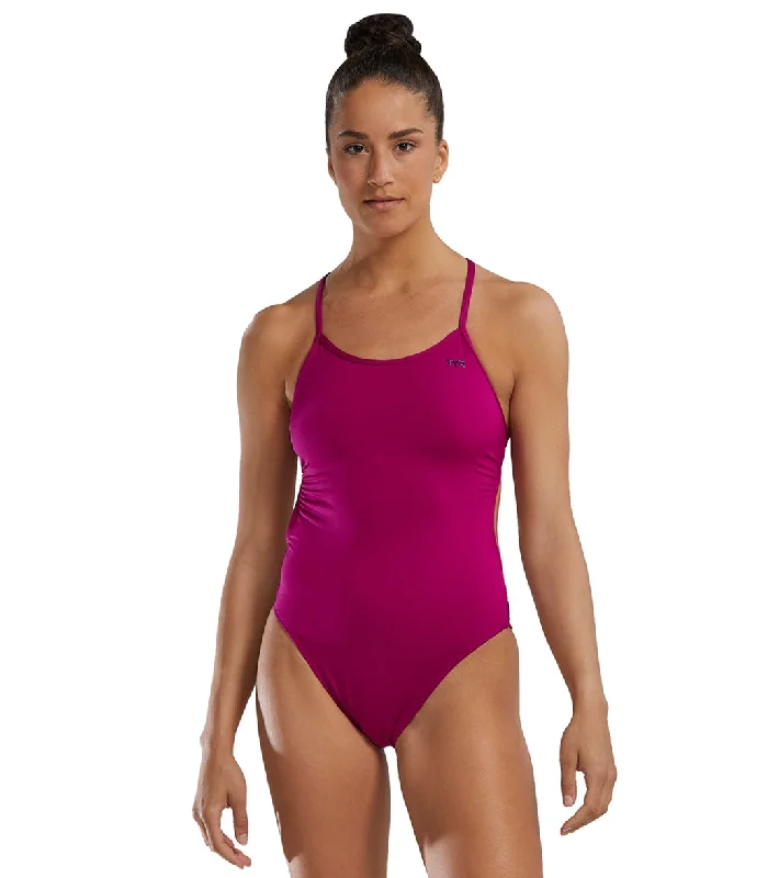 Women's Solid Tieback Durafast Elite Crosscutfit One Piece Swimsuit Magenta High-Waisted Swim Bottoms