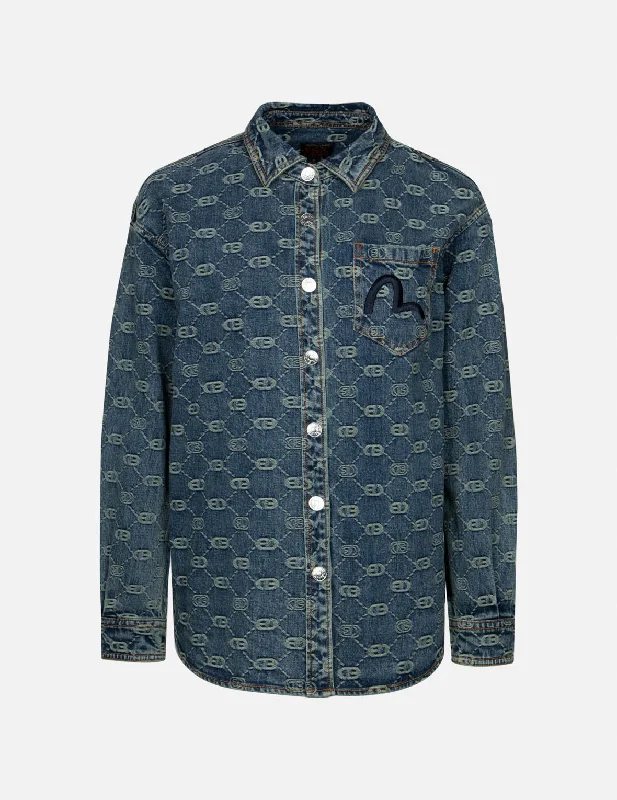 Allover Logo Jacquard and Seagull Embroidery Boyfriend Fit Denim Shirt Jacket Front Pockets Side Pockets Patch Pockets