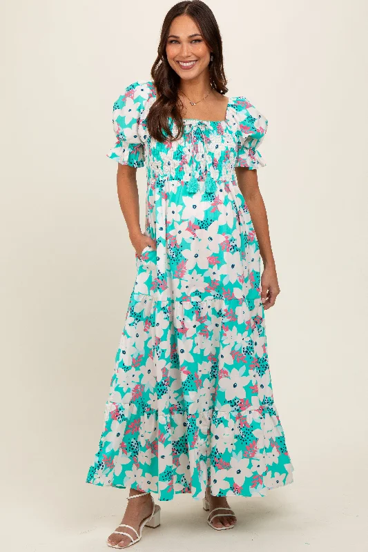 Aqua Floral Puff Sleeve Maternity Maxi Dress Comfortable Fit-and-Flare Maxi Dress