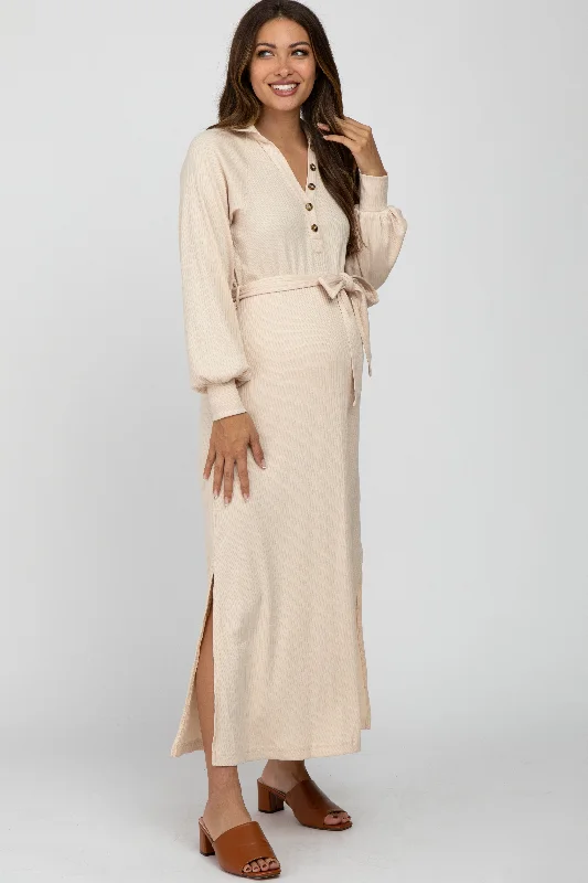 Beige Button Accent Collared Maternity Maxi Dress Trendy Maxi Dress with Belt