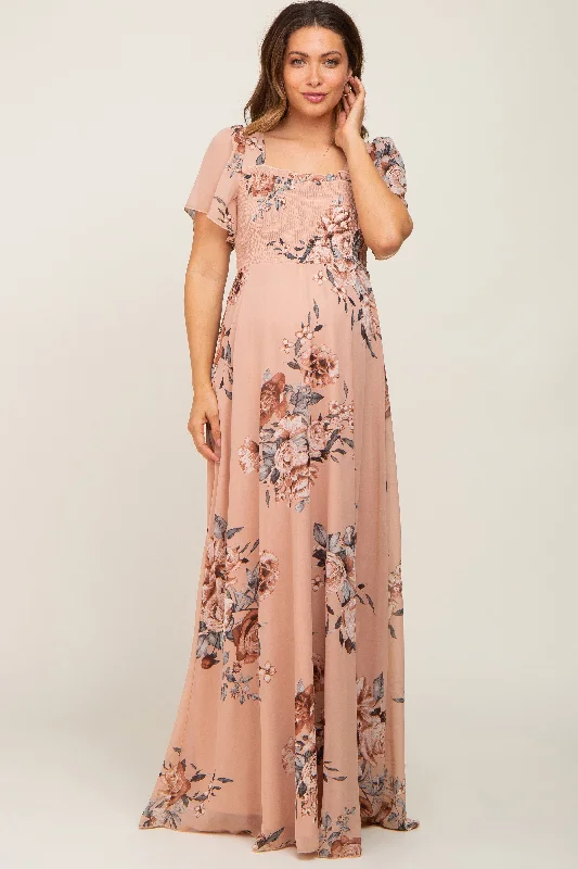 Beige Floral Chiffon Square Neck Smocked Short Sleeve Maternity Maxi Dress Fashionable Off-Shoulder Maxi Dress