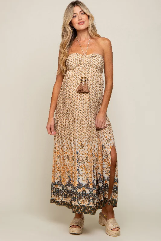 Beige Floral Paisley Halter Maternity Maxi Dress Stylish V-Neck Maxi Dress