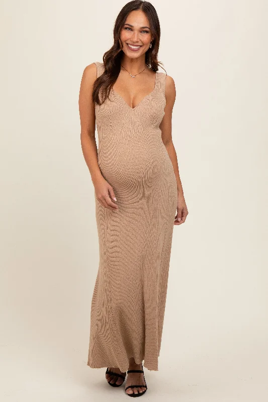 Beige Knit Deep V-Neck Maternity Maxi Dress Cozy Knitted Maxi Dress