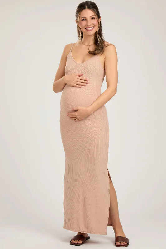 Beige Ribbed Side Slit Maternity Maxi Dress Stylish A-Line Maxi Dress