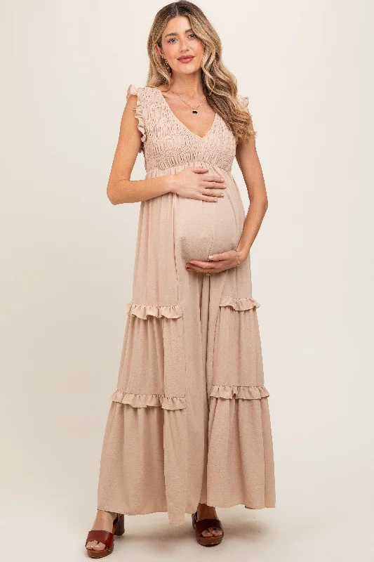 Beige Smocked Ruffle V-Neck Maternity Maxi Dress Stylish Longline Maxi Dress