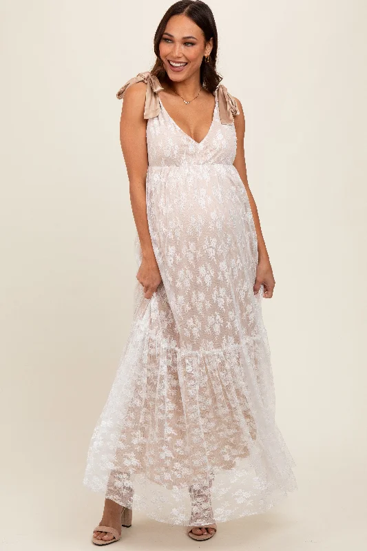 Beige V-Neck Satin Tie Lace Overlay Maternity Maxi Dress Stylish Pleated A-Line Maxi Dress