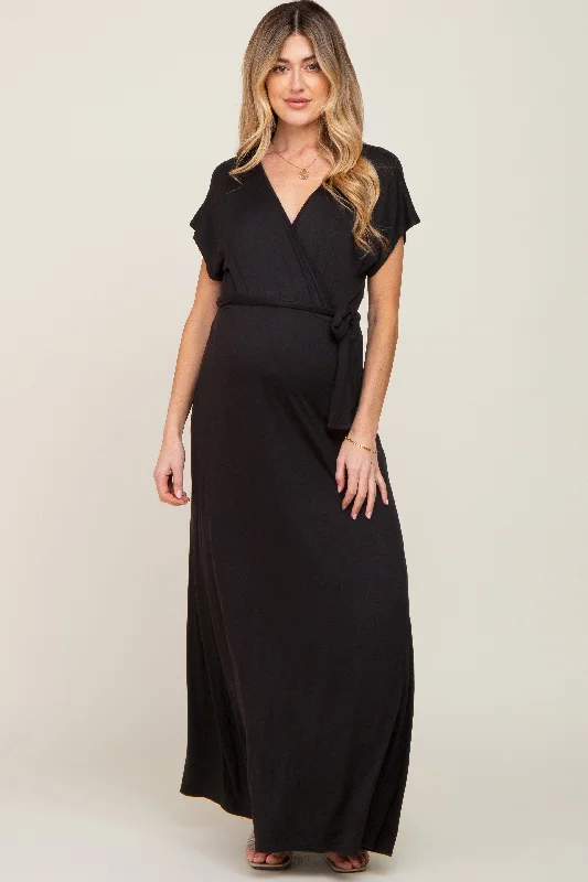 Black Basic Maternity Wrap Maxi Dress Stylish Empire Waist Maxi Dress