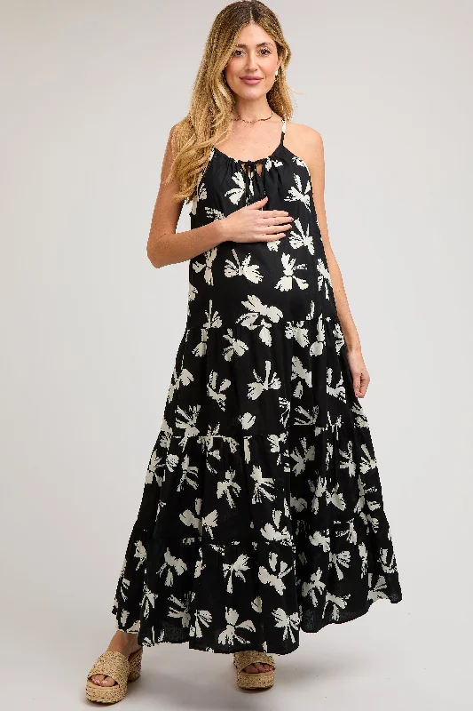 Black Bow Print Halter Front Tie Tiered Maternity Maxi Dress Trendy Maxi Dress with Belt