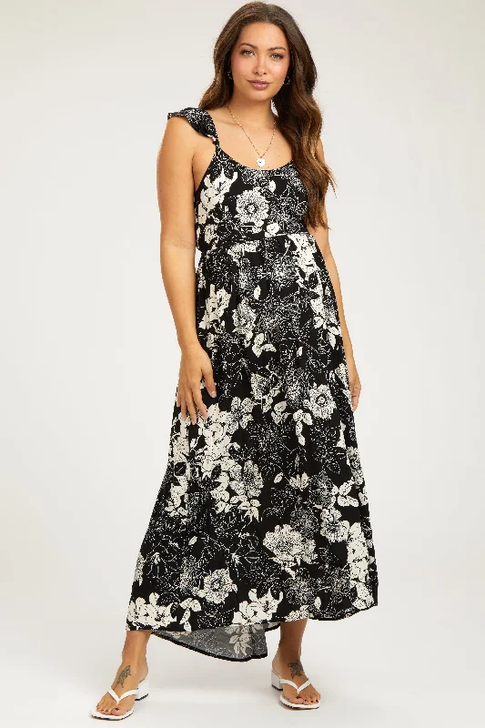 Black Floral Back Tie Maternity Maxi Dress Elegant Pleated Maxi Dress