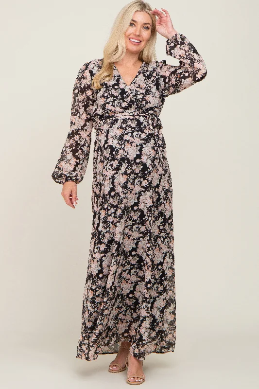 Black Floral Chiffon Maternity Maxi Dress Cozy Open-Back Maxi Dress