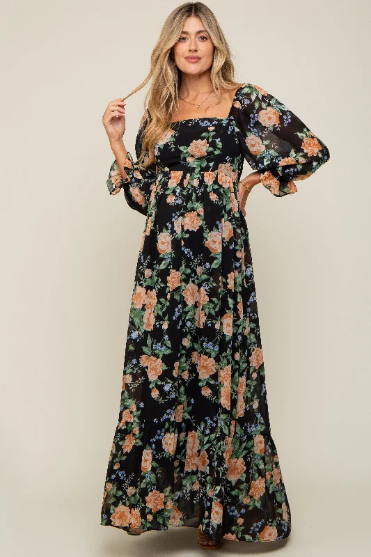 Black Floral Chiffon Square Neck 3/4 Ruffle Sleeve Maternity Maxi Dress Stylish Maxi Dress with Pleats