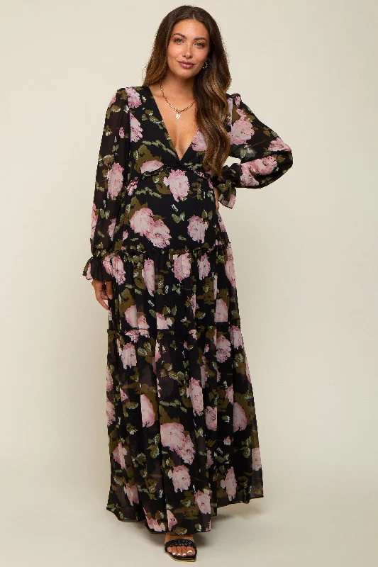 Black Floral Chiffon V-Neck Lettuce Edge Tiered Maternity Maxi Dress Trendy Fit-and-Flare Maxi Dress