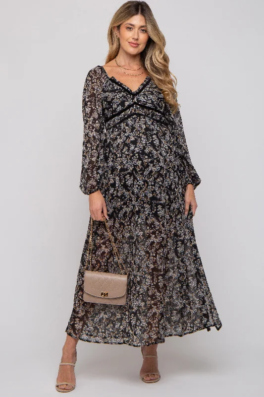 Black Floral Chiffon V-Neck Velvet Trim Maternity Maxi Dress Stylish Boho Maxi Dress