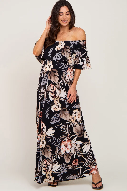 Black Floral Flounce Off Shoulder Maternity Maxi Dress Stylish V-Neck Maxi Dress