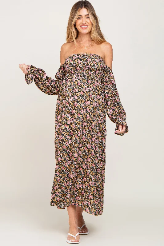 Black Floral Off Shoulder Long Sleeve Maternity Maxi Dress Elegant Sleeveless Maxi Dress