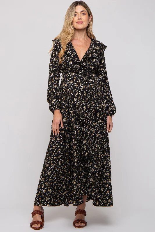 Black Floral Ruffle V-Neck Wrap Front Maternity Maxi Dress Elegant Tiered Maxi Dress