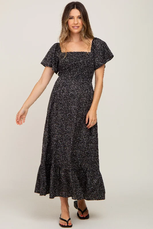 Black Floral Smocked Maternity Maxi Dress Cozy Maxi Dress with Slit