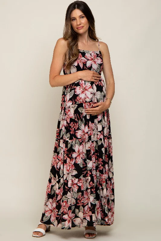 Black Floral Square Neck Tiered Maternity Maxi Dress Cozy Ruffle Sleeve Maxi Dress