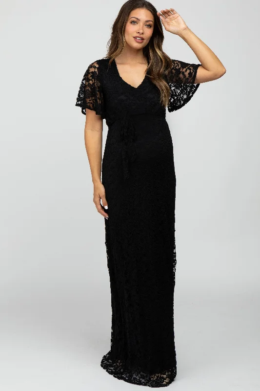 Black Lace Front Tie Maternity Maxi Dress Cozy Spaghetti Strap Maxi Dress