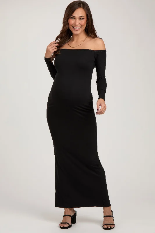 Black Off Shoulder Long Sleeve Maternity Maxi Dress Comfortable Pleated Maxi Dress