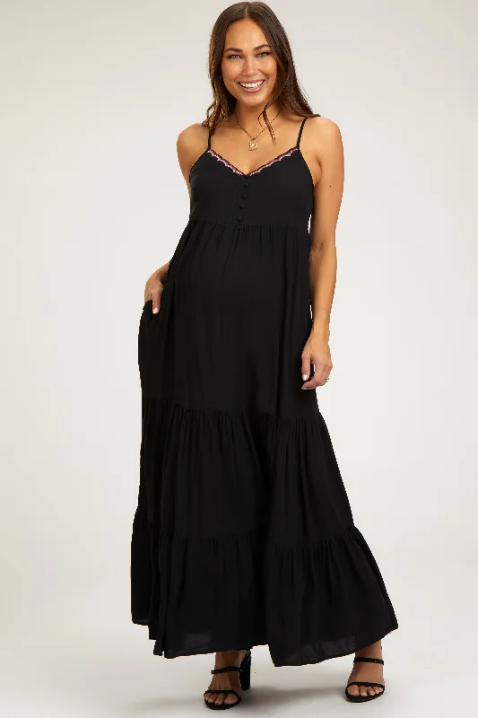 Black Scalloped Embroidered Neckline Maternity Maxi Dress Stylish Longline Maxi Dress