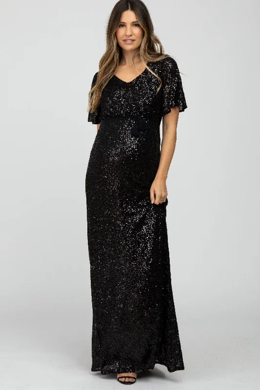 Black Sequin Short Sleeve Maternity Maxi Dress Cozy Spaghetti Strap Maxi Dress