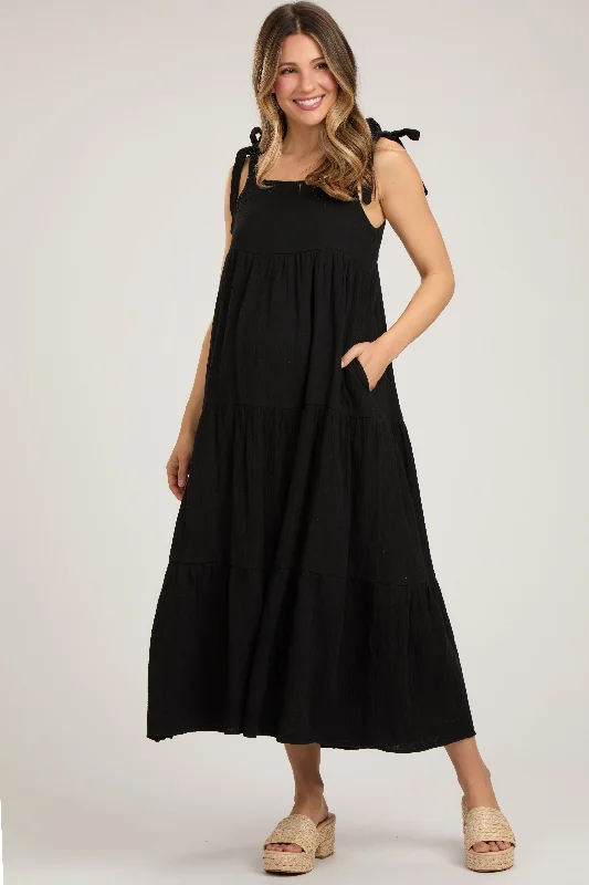 Black Sleeveless Tiered Maternity Maxi Dress Elegant Boho Maxi Dress