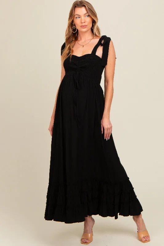 Black Sweetheart Neck Smocked Shoulder Tie Maternity Maxi Dress Stylish Longline Maxi Dress