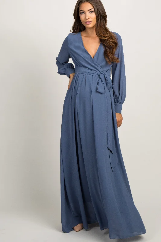 Blue Chiffon Long Sleeve Pleated Maternity Maxi Dress Trendy Floral Print Maxi Dress